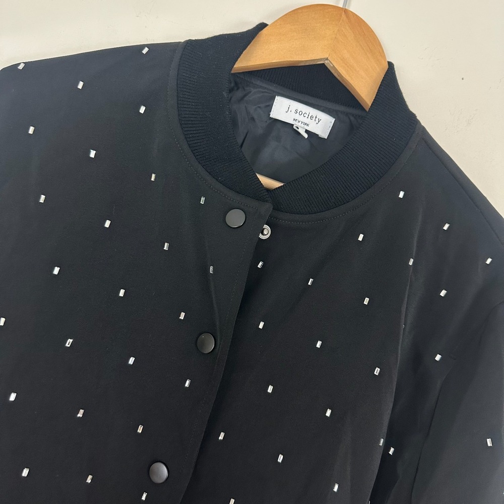 J. Society New York Bomber Jacket Black Rhinestone Snap Front Lined Womens Small
